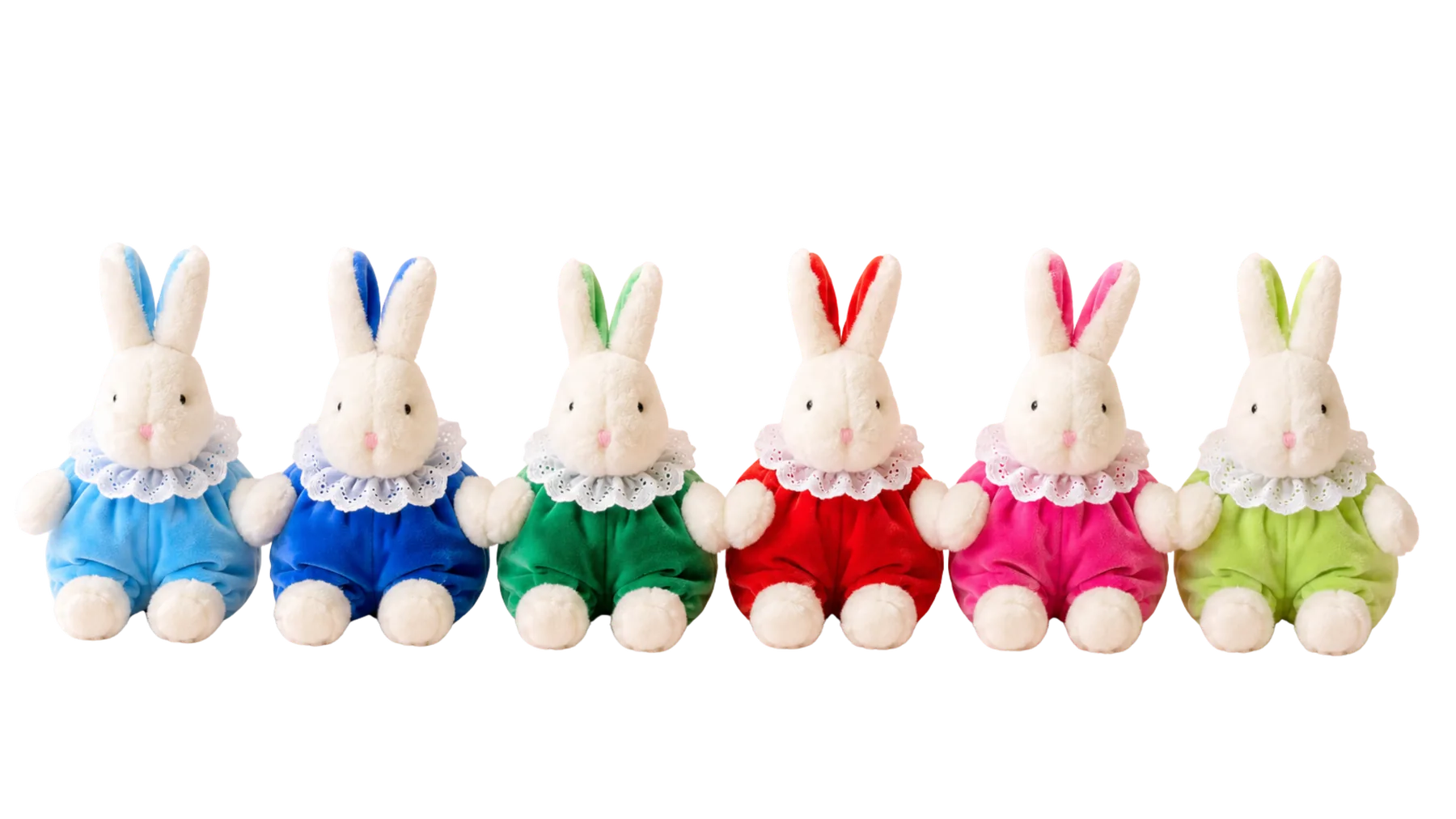 All six Bibi rabbits in a row: light blue, dark blue, green, red, pink and lime green