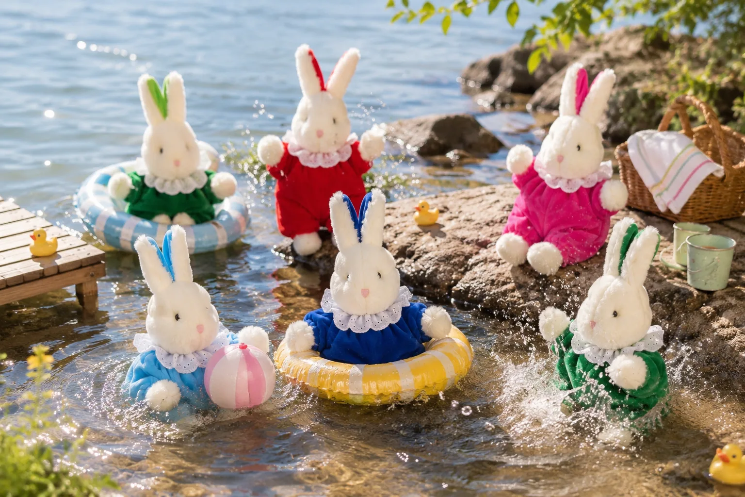 The Bibi rabbits with swim rings by a sunny jetty