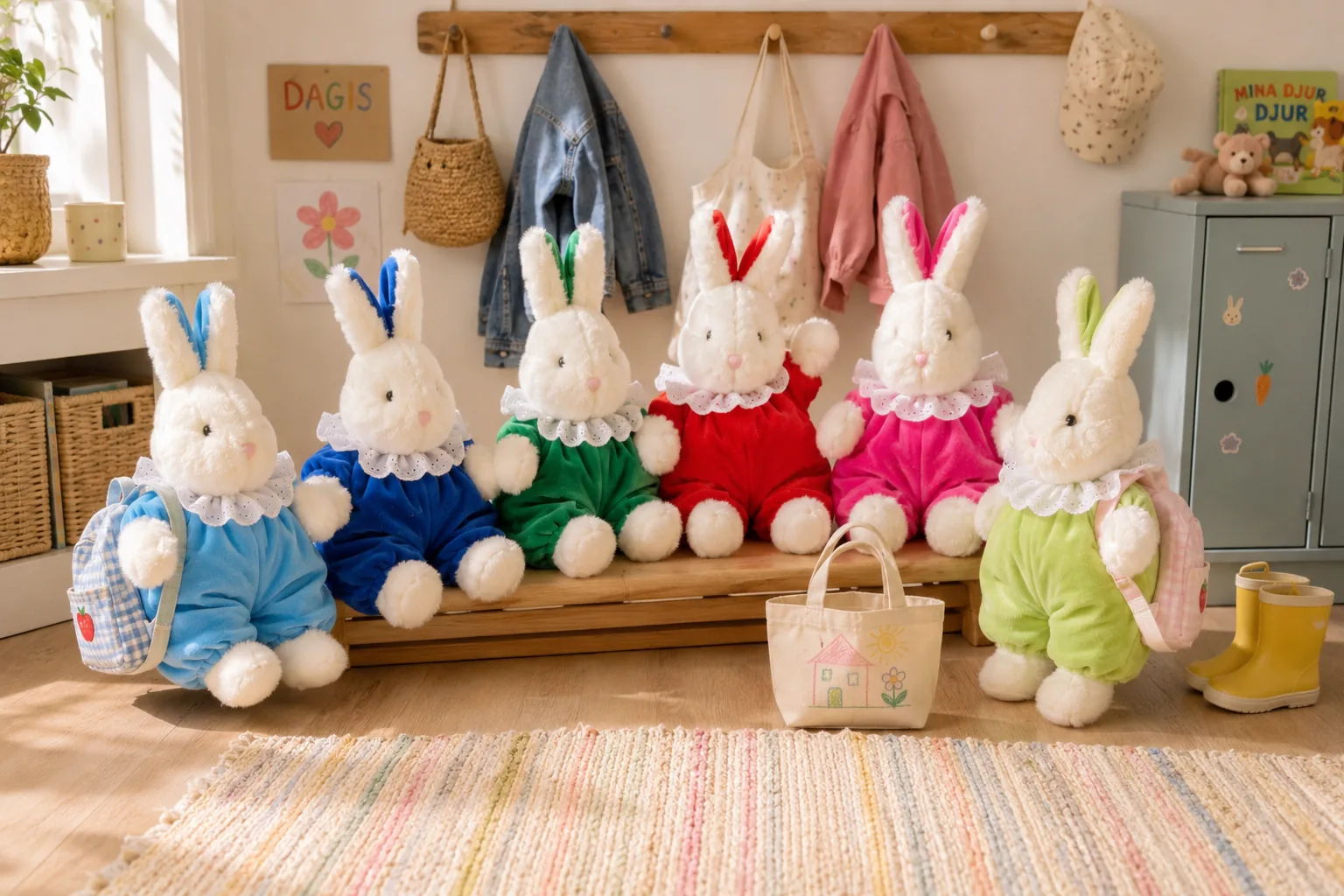 The Bibi rabbits on a bench at nursery with backpacks