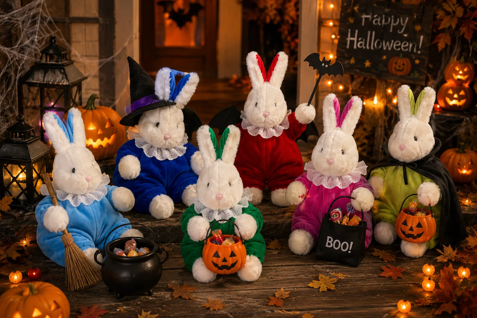 The Bibi rabbits dressed up on a pumpkin-decorated porch at Halloween