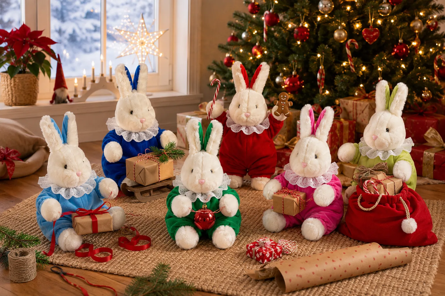 The Bibi rabbits by the Christmas tree with presents