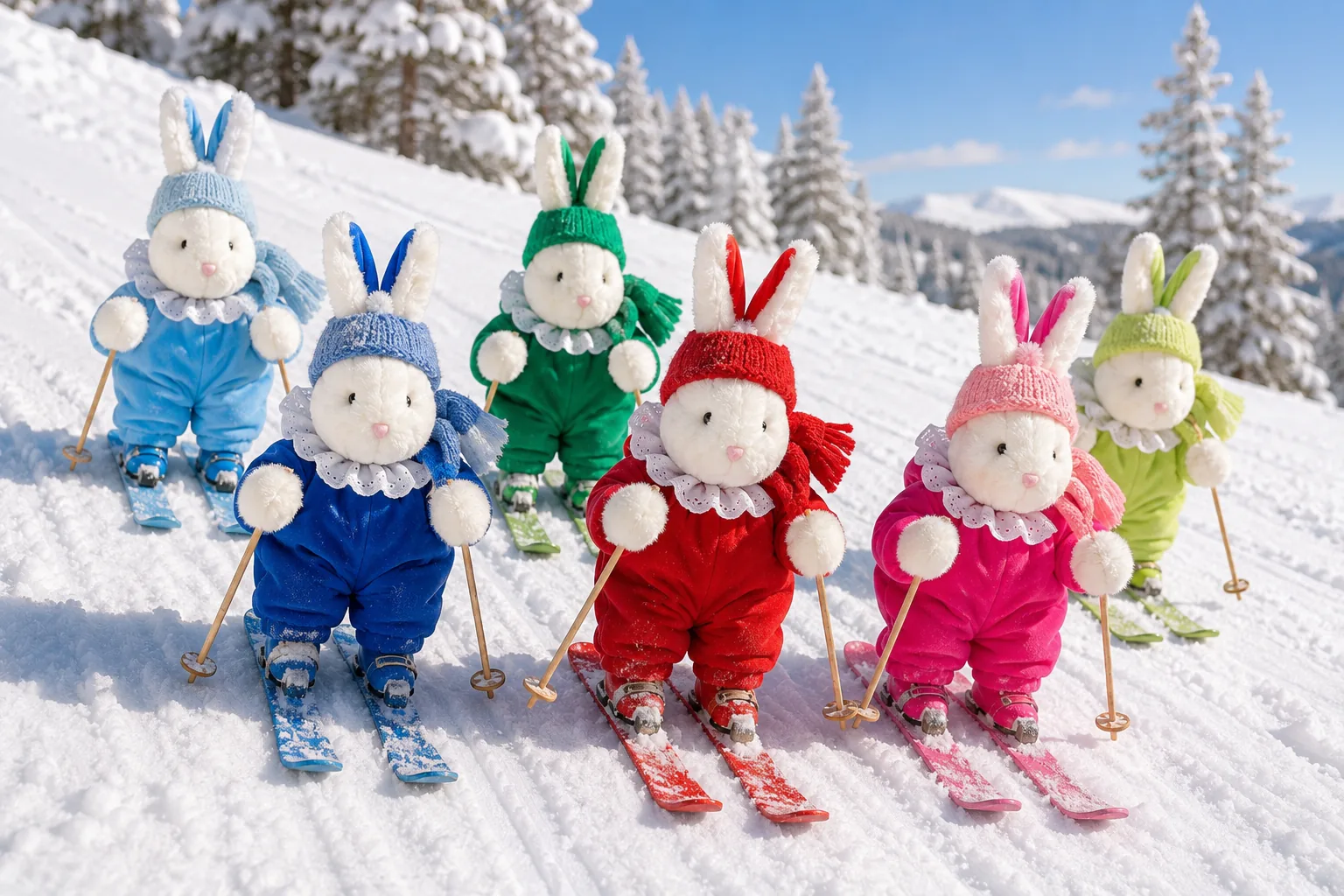 The Bibi rabbits in hats and skis on a snowy slope
