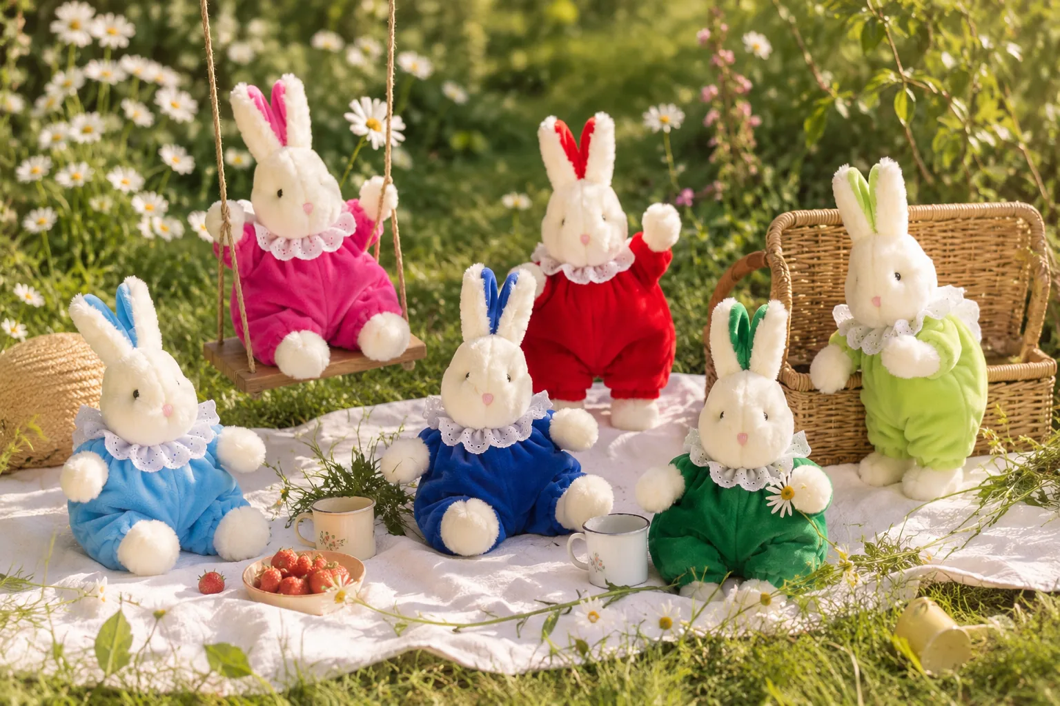 The Bibi rabbits on a blanket in a summer garden with strawberries and daisies