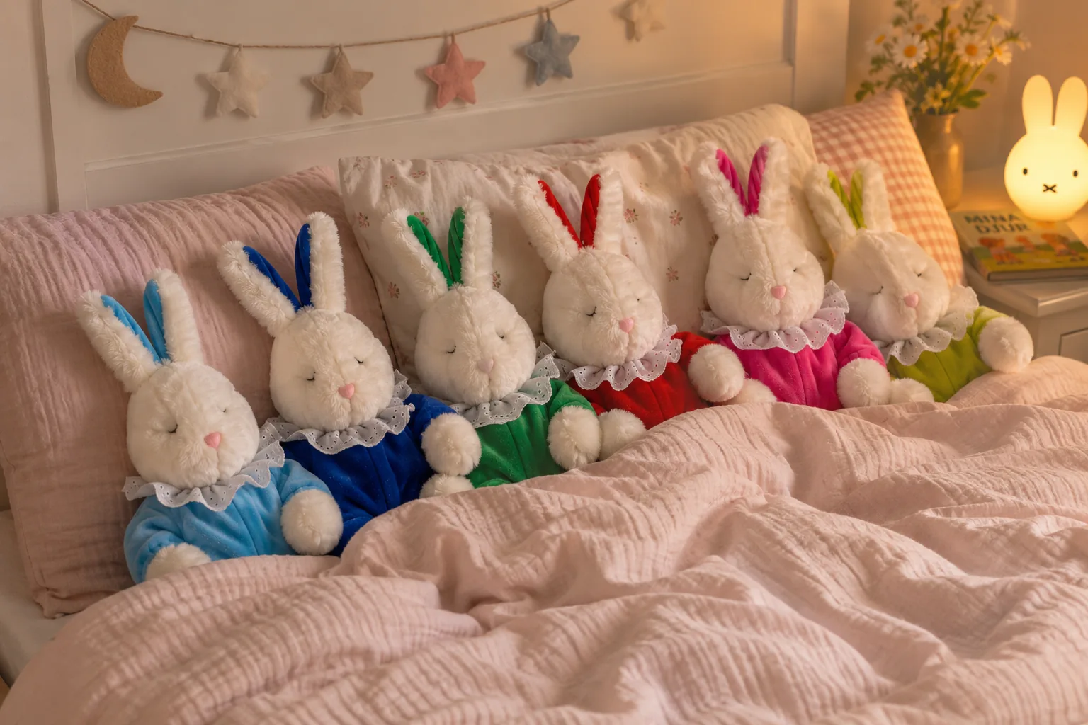 The Bibi rabbits asleep on pillows in a child's bed with a night light